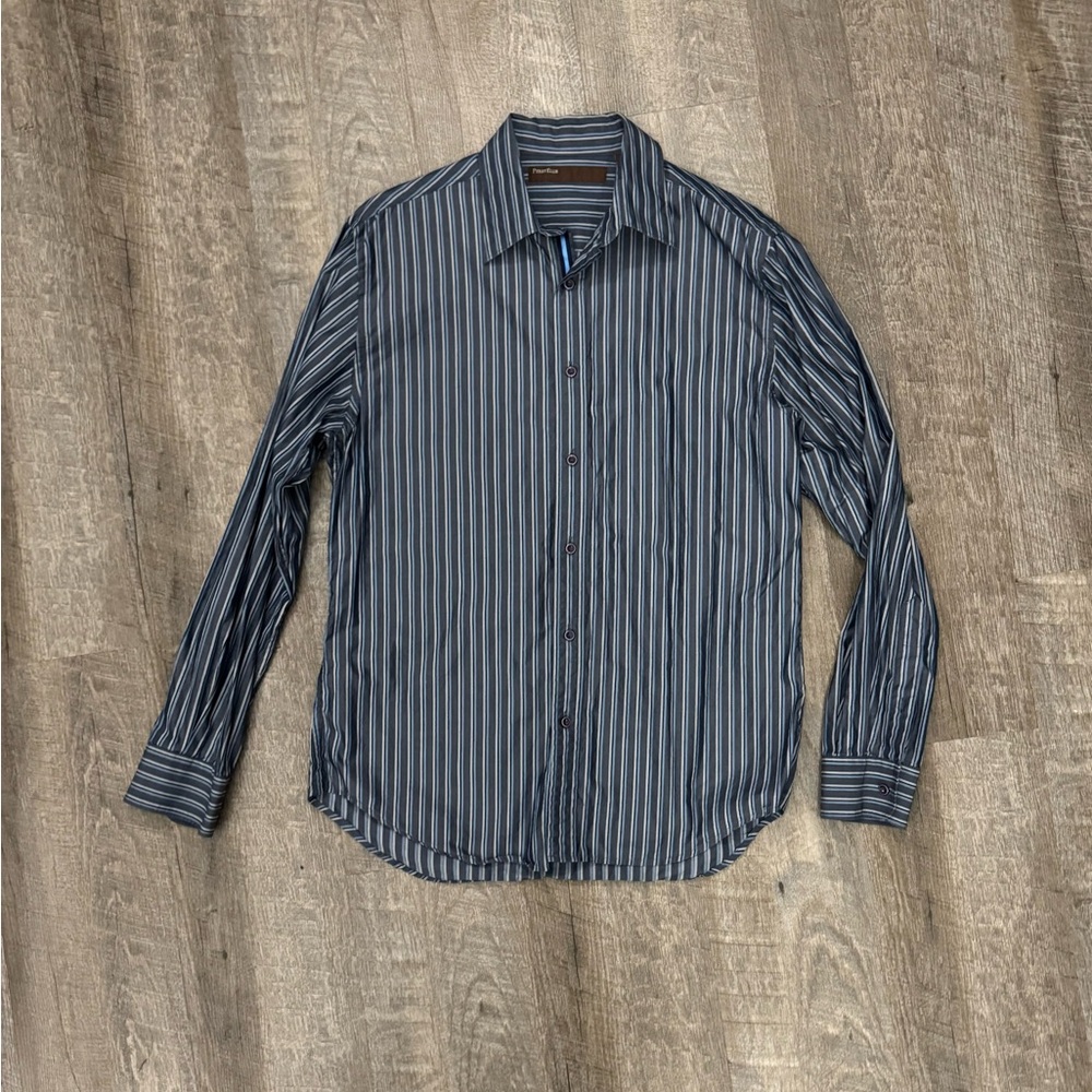 Perry Ellis Gray Blue Striped Button Down Mens Medium